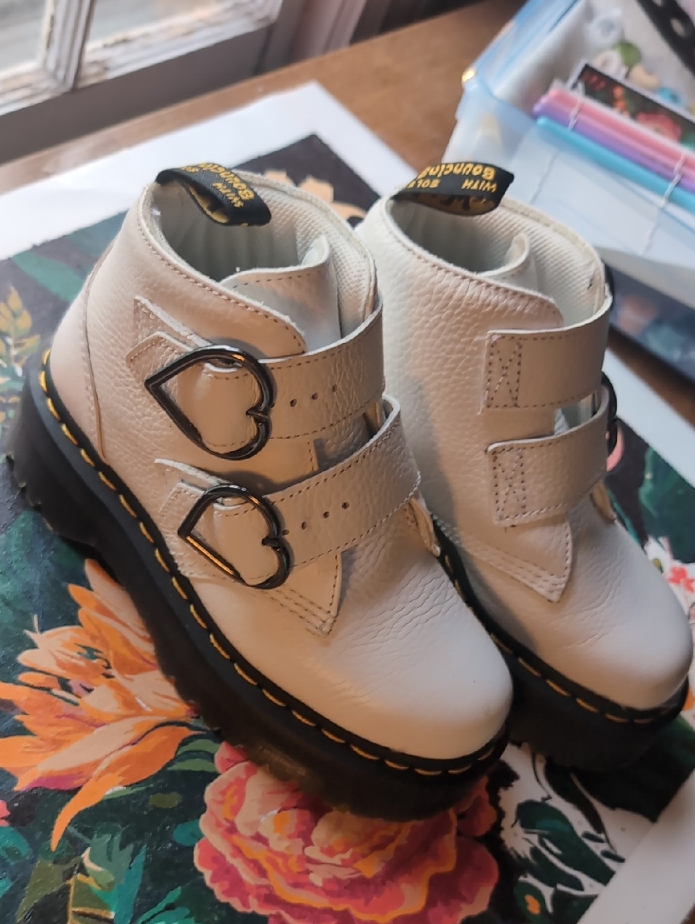Doc Martens Kids Leather Platform Boots Devon Heart White